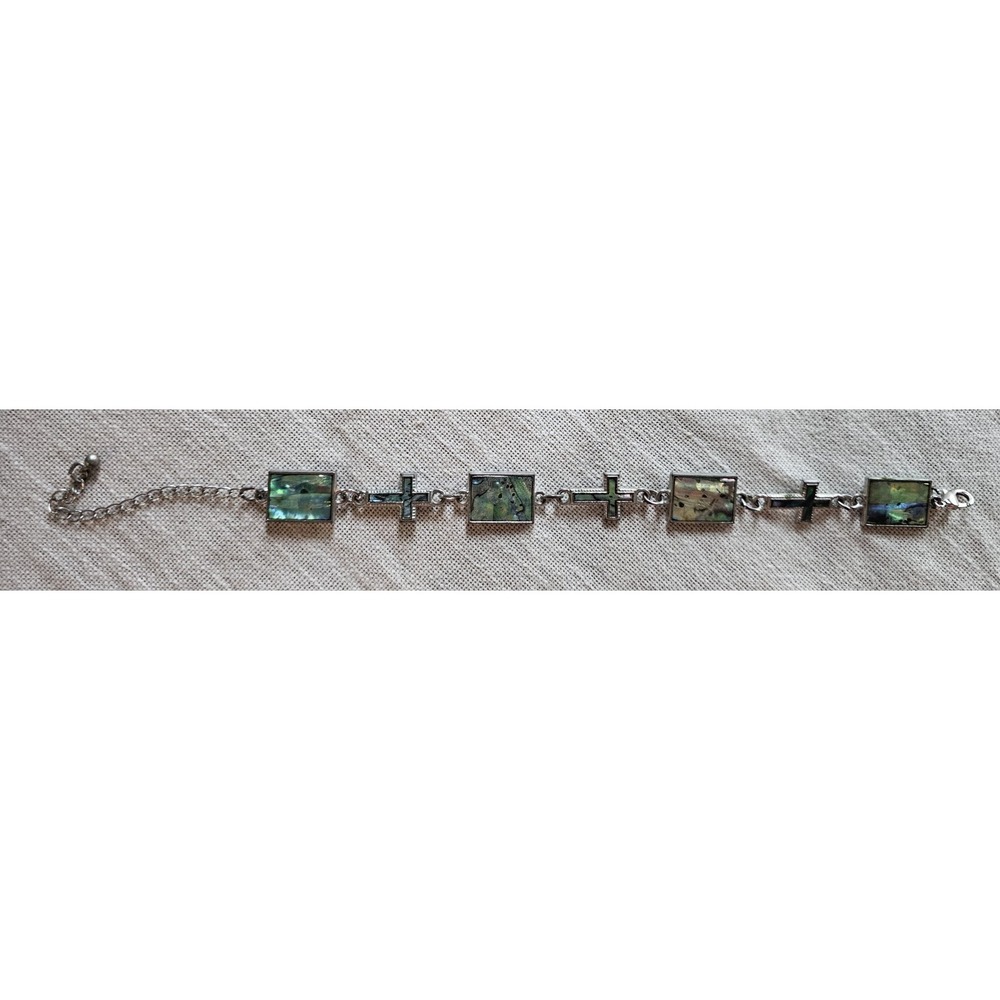 Vintage Abalone Shell Silver Cross Bracelet